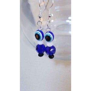 Blue Evil Eyes Crystal Silver Earrings